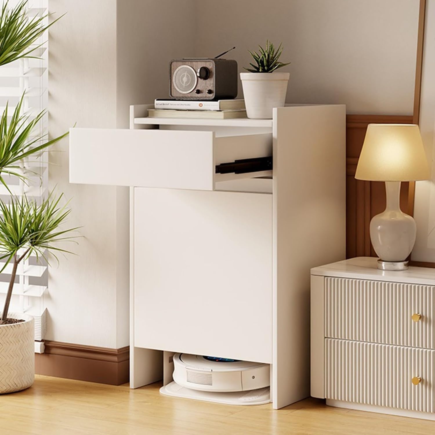Sweeper Robot Storage Cabinet Sweeper Organizer Sweeping Robot Storage Cabinet Shelf Floor Scrubber Hidden Cabinet Storage Cabinet Sweeper Organizer(White)