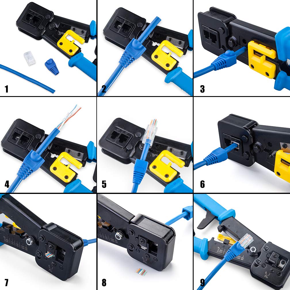 10Gtek RJ45 Crimp Tool, Cat5e/Cat5/Cat6 for RJ45 RJ12 Pass Through Connectors with 50PCS Connectors, 50PCS Covers, Wire Stripper and Screwdriver Crimper Kit