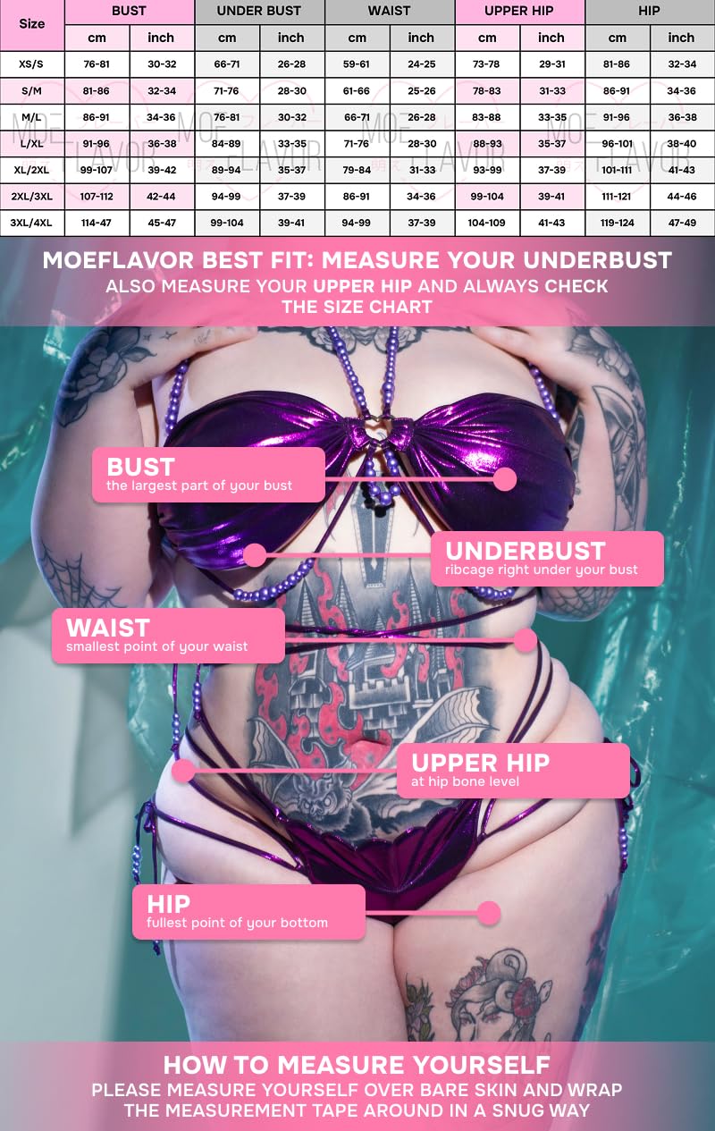 MOEFLAVOR Nymph Siren Bikini Swimsuit Costume - Fantasy Mermaid Cosplay Swim Set with Seashell Bra, Pearl Chains: Purple Medium-Large