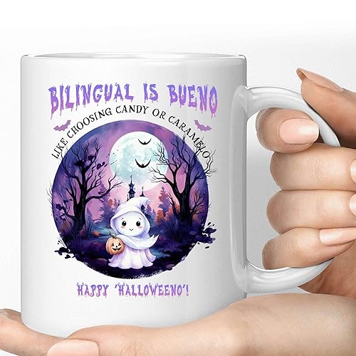 Inspirational Gift Halloween Unique Gifts For Spooky Lovers, Bilingual Is Bueno Like Choosing Candy Or Caramelo Happy 'halloweeno' Design On 11 Oz