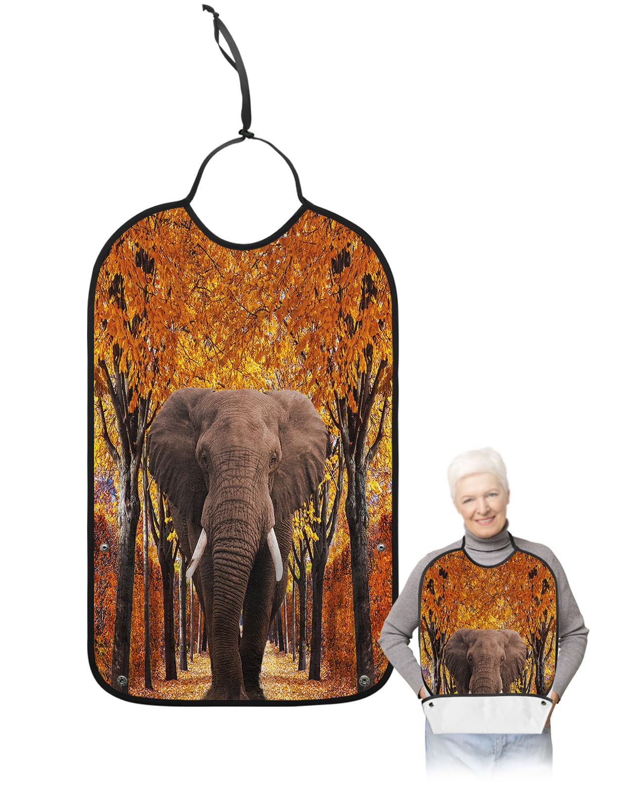 Farmhouse Elephant Adult Bibs for Eating, Waterproof Bibs with Food Catcher & Adjustable Snap Closure, Wild Animals Fall Maple Leaf Washable Clothing Protectors Adult Bibs for Elderly Women/Men