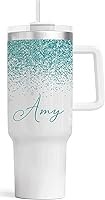 Personalized 40oz Stainless Steel Tumbler with Handle & Straw - Teal Glitter Insulated Travel Mug for Hot/Cold Drinks