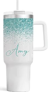 Personalized 40oz Stainless Steel Tumbler with Handle & Straw - Teal Glitter Insulated Travel Mug for Hot/Cold Drinks