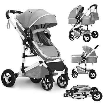 TODEFULL Convertible Baby Stroller, 3 in 1 Folding Infant Stroller, High Landscape Pushchair w/Adjustable Backrest & Canopy, Newborn Pram with Foot Cover, Storage Basket, Light Grey