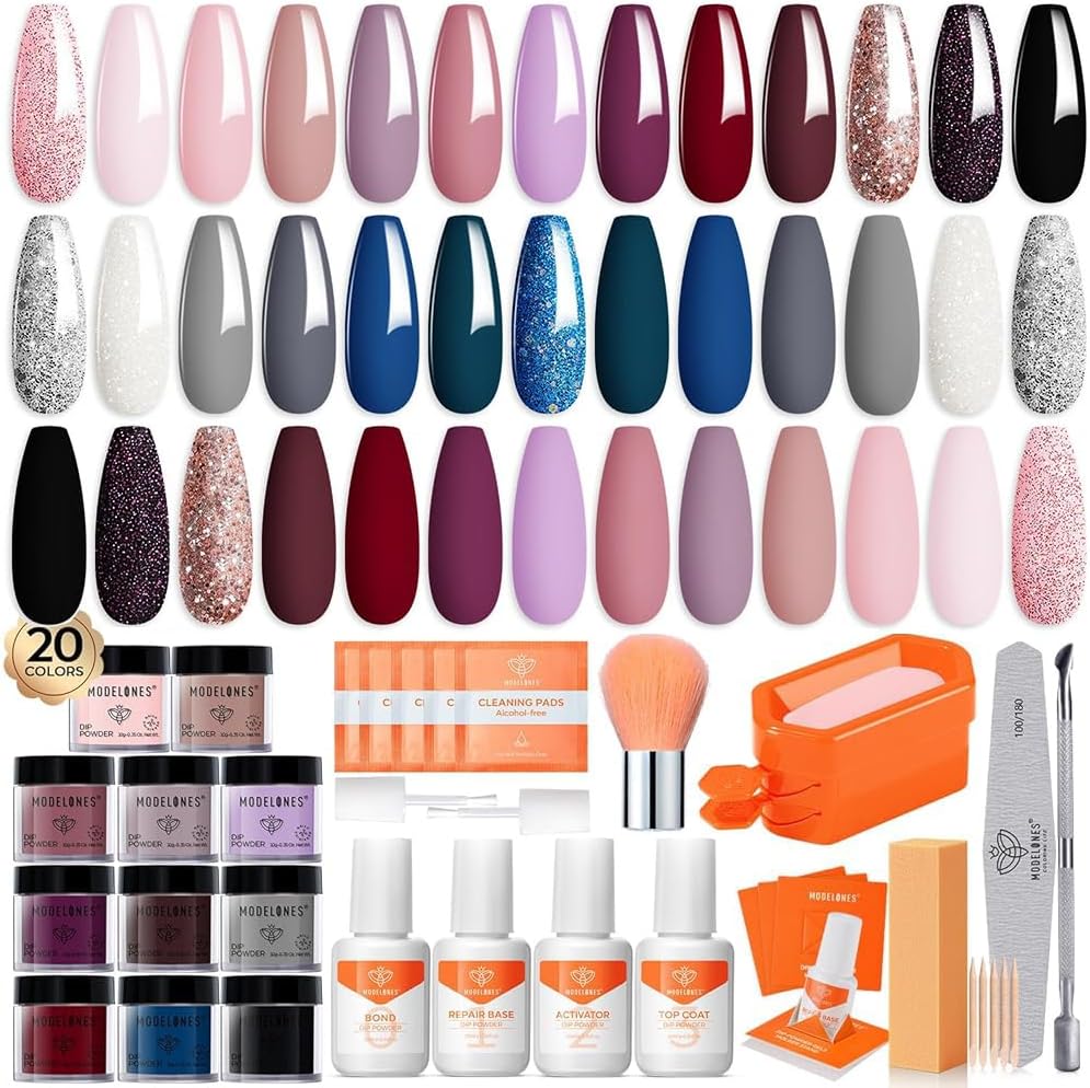 Dip Powder Nail Starter Kit 40 Pcs 20 Colors | Glitter Dipping Powder, Nude Pink Burgundy Blue, Liquid Set Base & Top Activator Included, No Lamp Needed, Easy DIY at Home