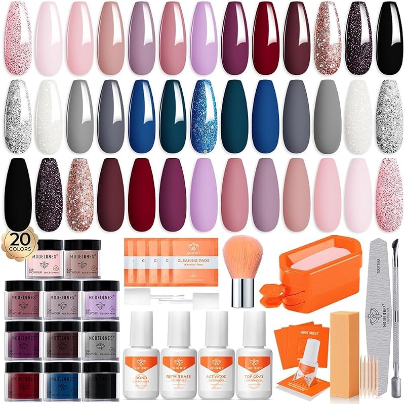 Dip Powder Nail Starter Kit 40 Pcs 20 Colors | Glitter Dipping Powder, Nude Pink Burgundy Blue, Liquid Set Base & Top Activator Included, No Lamp Needed, Easy DIY at Home
