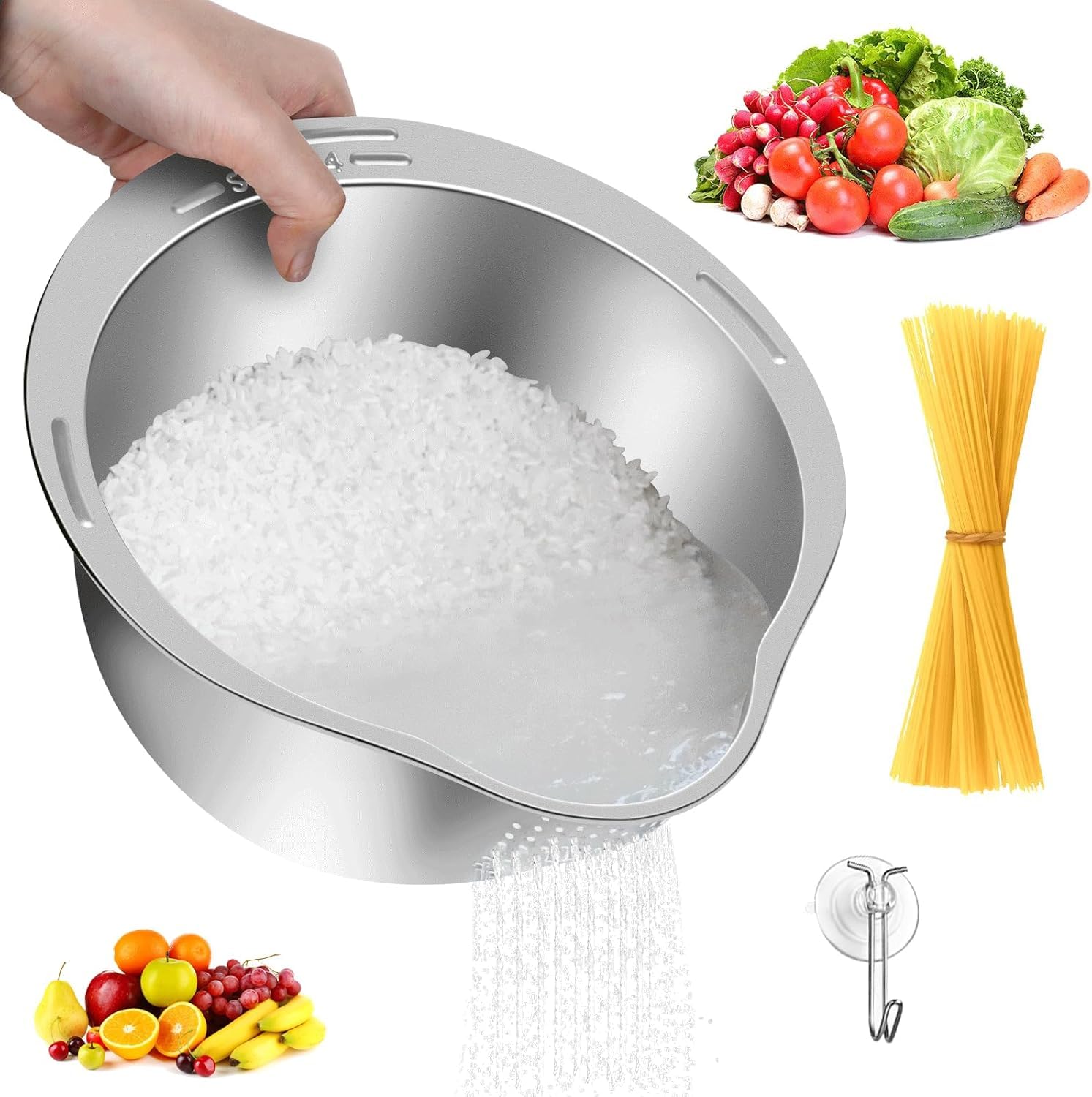 Reissieb Edelstahl, Lebensmittelechtes Nudelsieb mit Ausgießer - Reis Waschschüssel, Sieb Edelstahl Abtropfsieb zum Waschen & Abtropfen von Quinoa, Obst, Gemüse (1)
