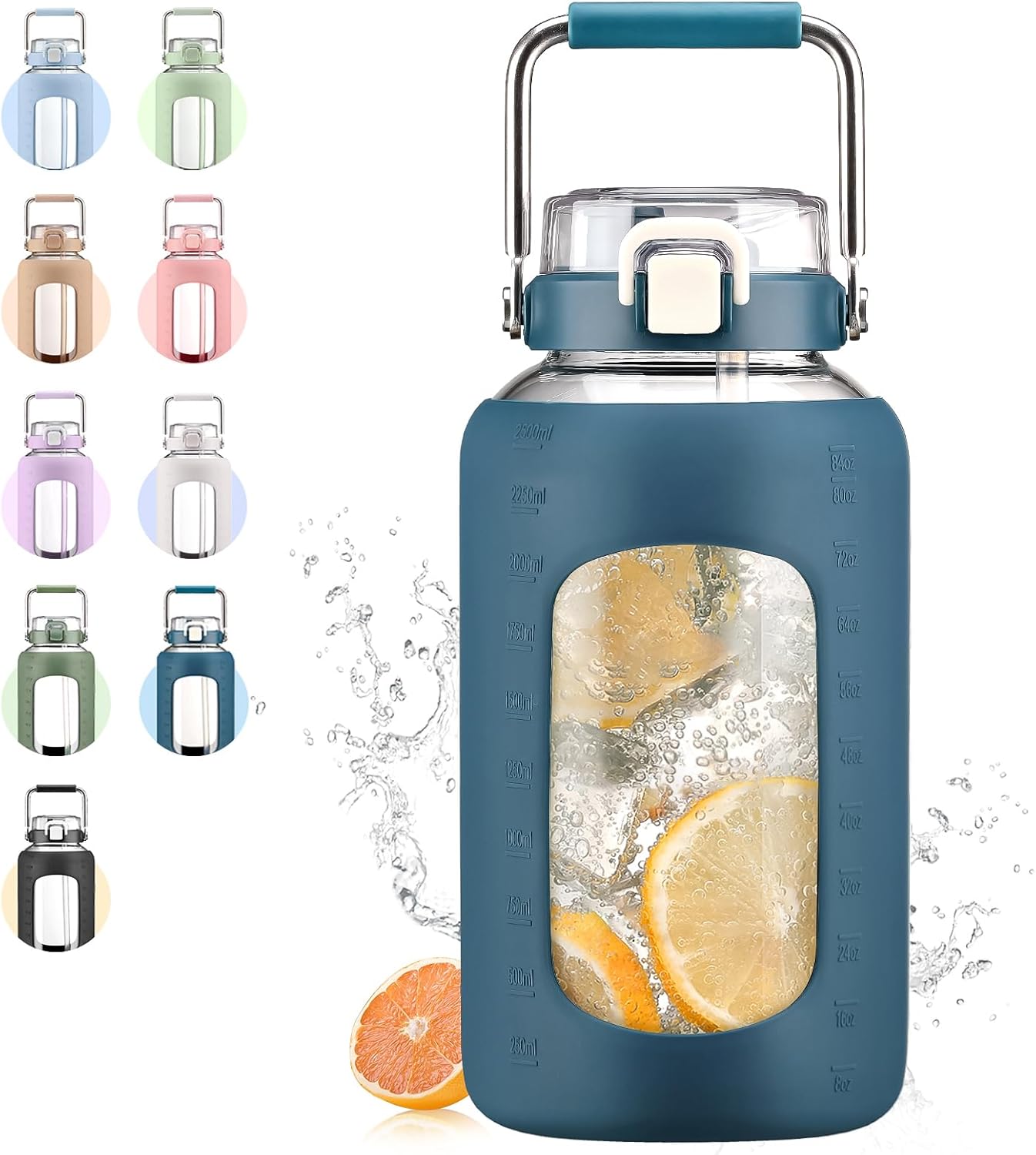 WINSA 84oz Glass Water Bottle with Stainless Steel Handle,2.5L Gallon Water Bottle with 2-IN-1 Straw Lid, Silicone Sleeve and Motivational Capacity Marker, Wide Mouth Water Jug For Gym, Dark Blue