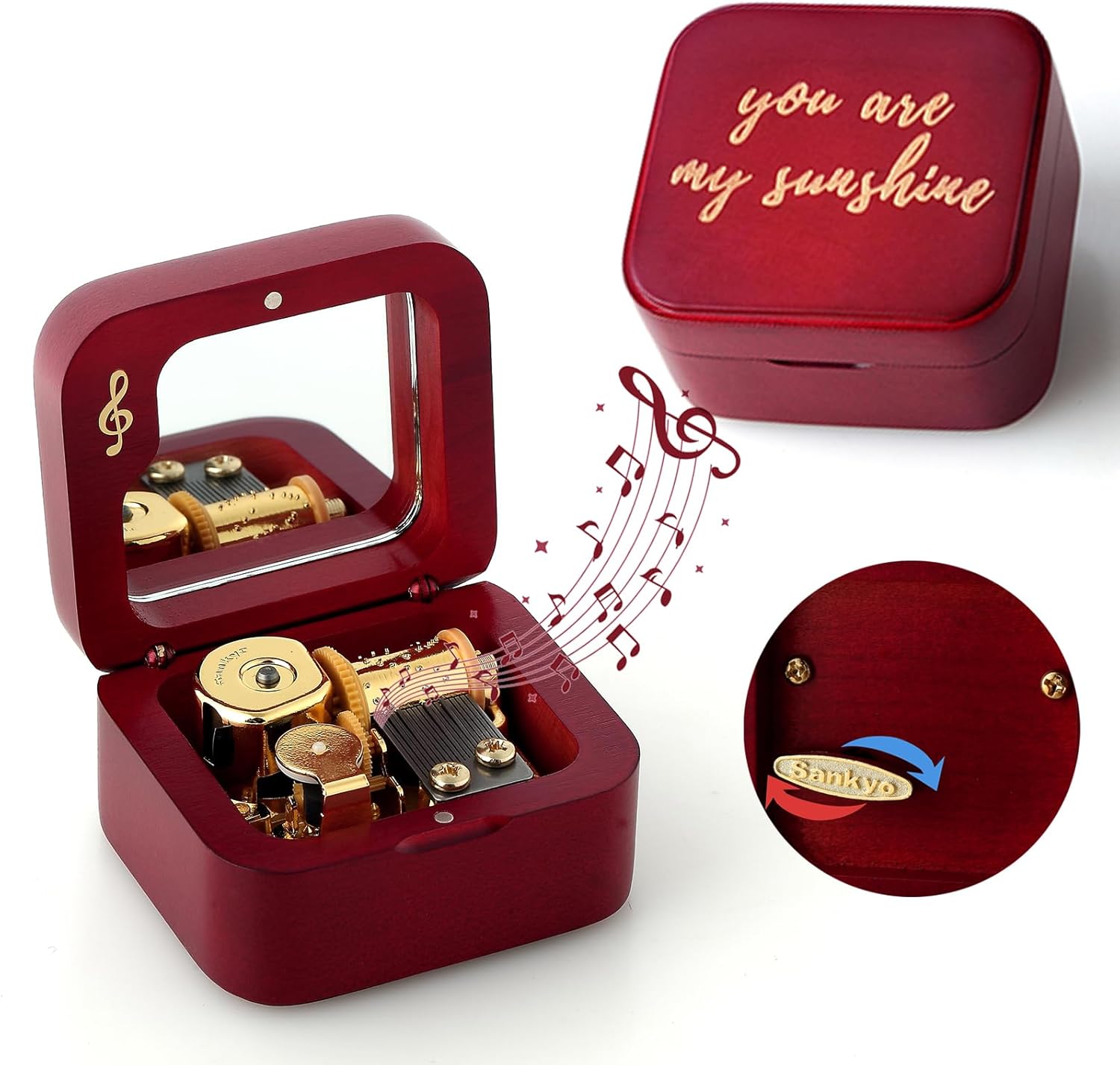 Natural Solid Wood Clockwork Square Note Octave Box with Pause and Play Function, Gift for Birthday/Mother's Day/Children's Day/Valentine's Day/Christmas, Wine-red.