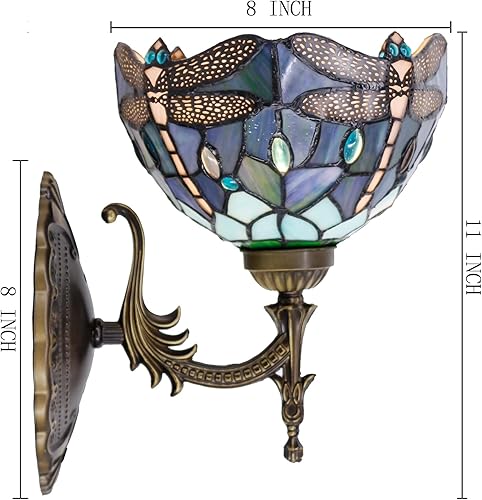 Miniatura 2 de Tiffany - Lámpara de pared enchufable o de cable duro con pantalla de cristal de libélula azul de 8 pulgadas, 8 x 10.5 x 11 pulgadas, acabado base