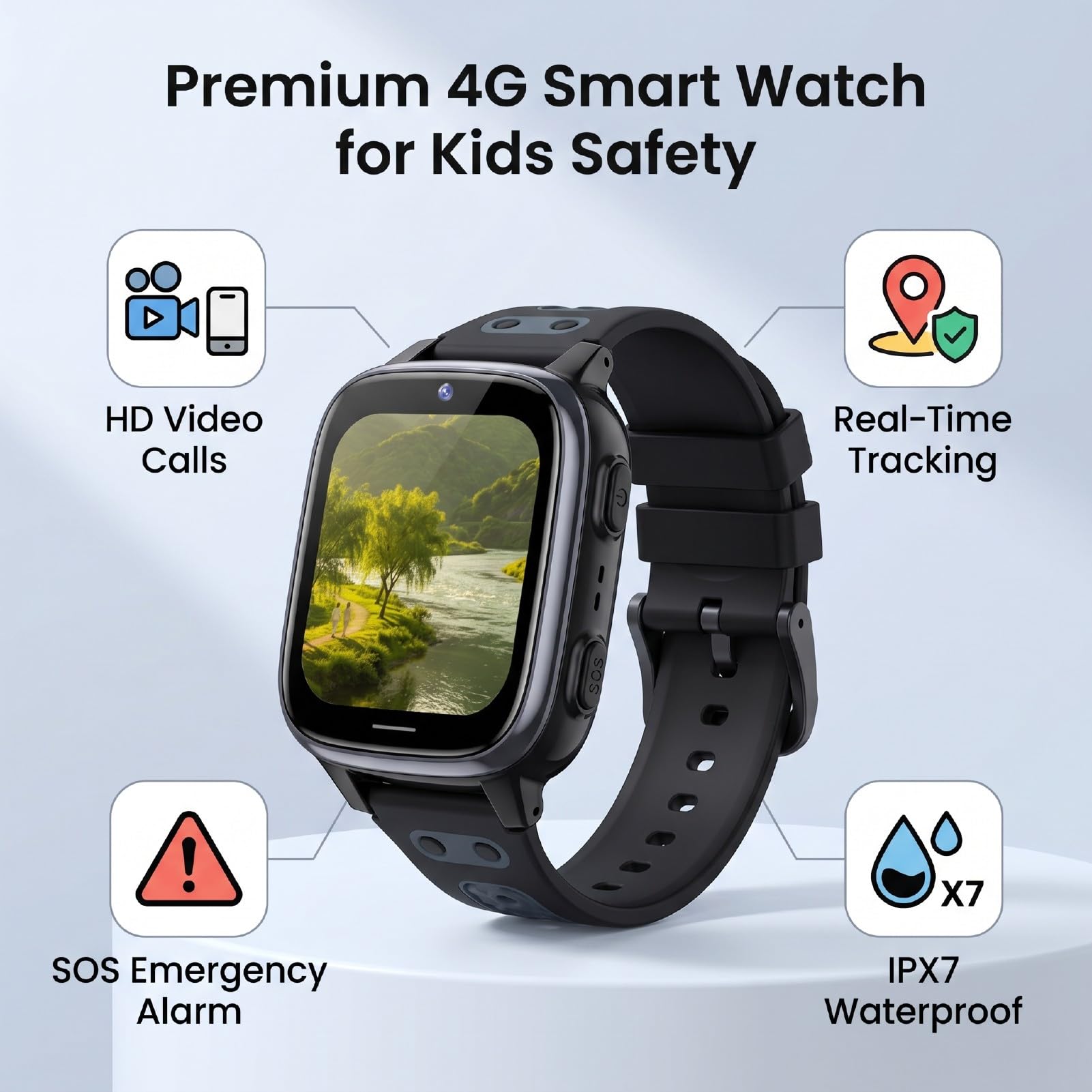 SENECESLI Smartwatch per Bambini 4G LTE con Videochiamata, Orologio Tracker per Bambini Touchscreen da 1,83 Pollici, Posizione LBS e Allarme SOS, modalità Aula per la Scuola, Resistente (BLACK)
