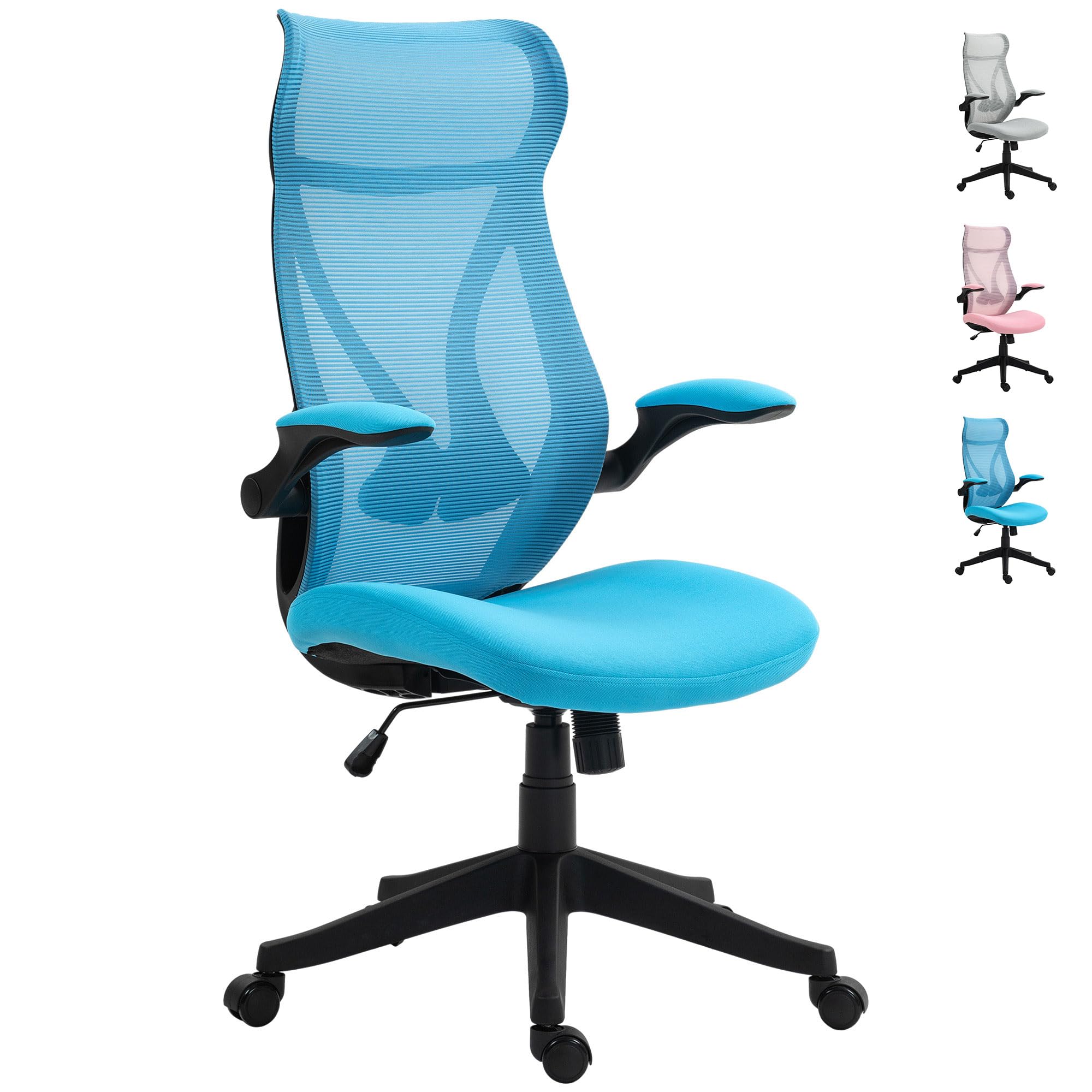 HOMCOM Silla de Escritorio de Malla Silla de Oficina Giratoria con Altura Ajustable Reposabrazos Abatibles y Función de Basculante Silla para Estudio Carga 120 kg Azul Claro