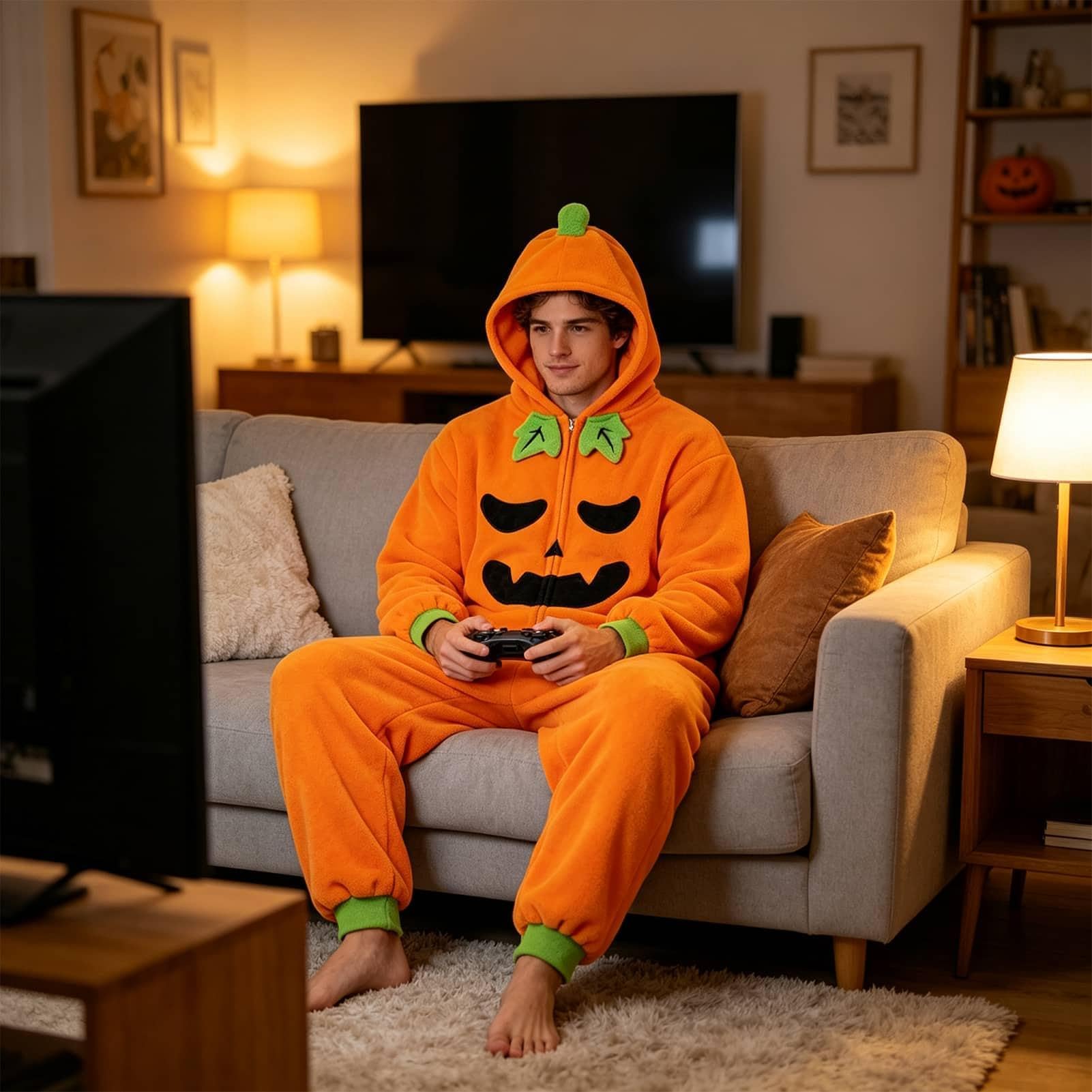 Tuta intera per Halloween, con cappuccio, per adulti, in peluche, comoda | Tuta intera oversize autunnale per donne, bambini, ragazze, ragazzi, feste in maschera, fotografia, feste, giochi di ruolo