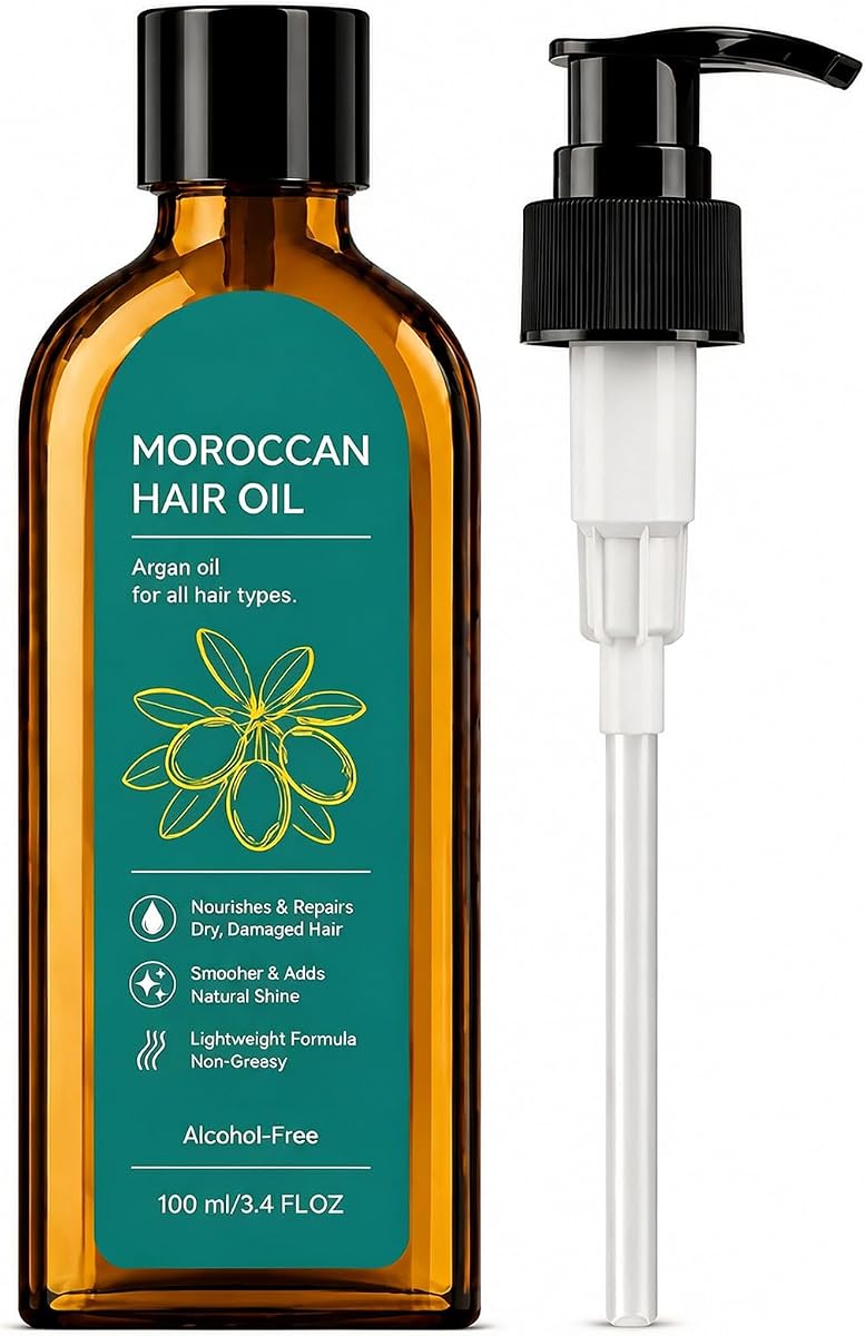 Aceite capilar de argán marroquí, control del encrespamiento y protector del calor, 3.4 onzas líquidas | Tratamiento ligero con aceite de argán para el cuidado diario del cabello, ideal para uso en salones domésticos para hombres y mujeres para reparar el cabello seco y rizado