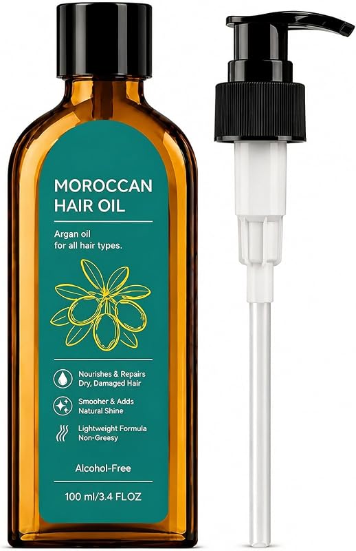 Aceite capilar de argán marroquí, control del encrespamiento y protector del calor, 3.4 onzas líquidas | Tratamiento ligero con aceite de argán para el cuidado diario del cabello, ideal para uso en salones domésticos para hombres y mujeres para reparar el cabello seco y rizado