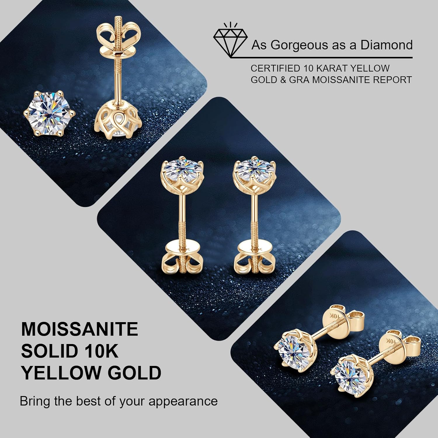 Moissanite Stud Earrings for Men, 10K Real Gold Earrings for Women, D Color VVS1 Round Cut 1CT/2CT Lab Created Solitaire Moissanite Earring Studs Solid Gold Screw Back, Jewelry Gift for Women Men