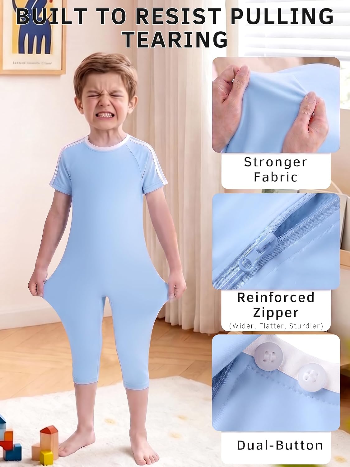 Tear-Resistant Adaptive Clothing for Autism Kids Ages 3-14, Anti-Strip Sensory Jumpsuit with Reinforced Back Zipper