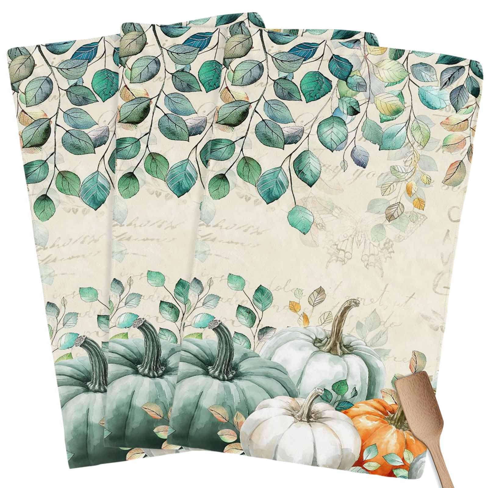 Fall Kitchen Towels Harvest Pumpkin Thanksgiving Hand Towels Green Leaves Dish Towel Cleaning Cloth Soft Absorbent Quick Drying 3 Pack Dish Cloths for Kitchen, Bathroom Autumn Decoration