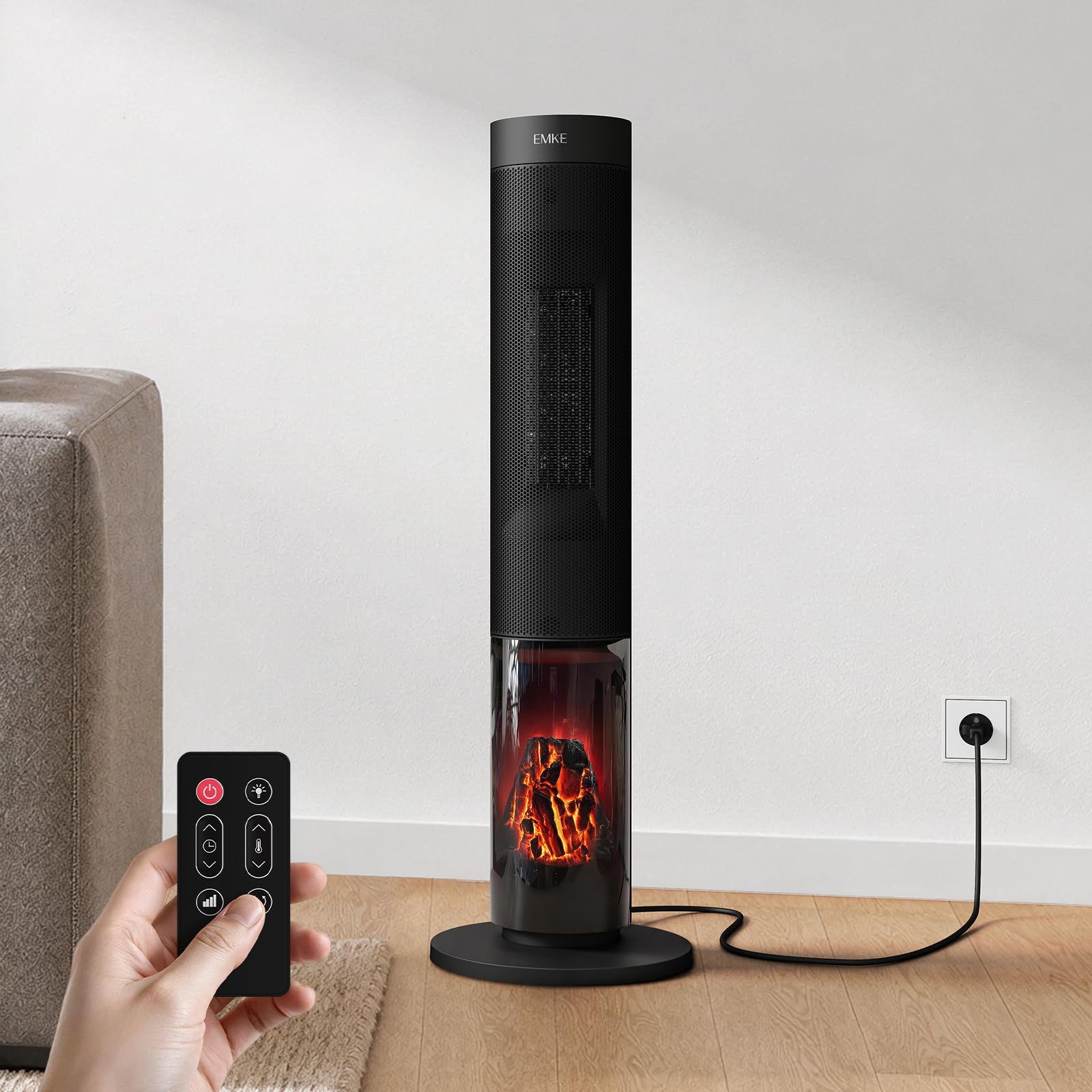 EMKE Estufa de Torre PTC 2000 W con Efecto Llama, 20 m², 83 cm, Negro