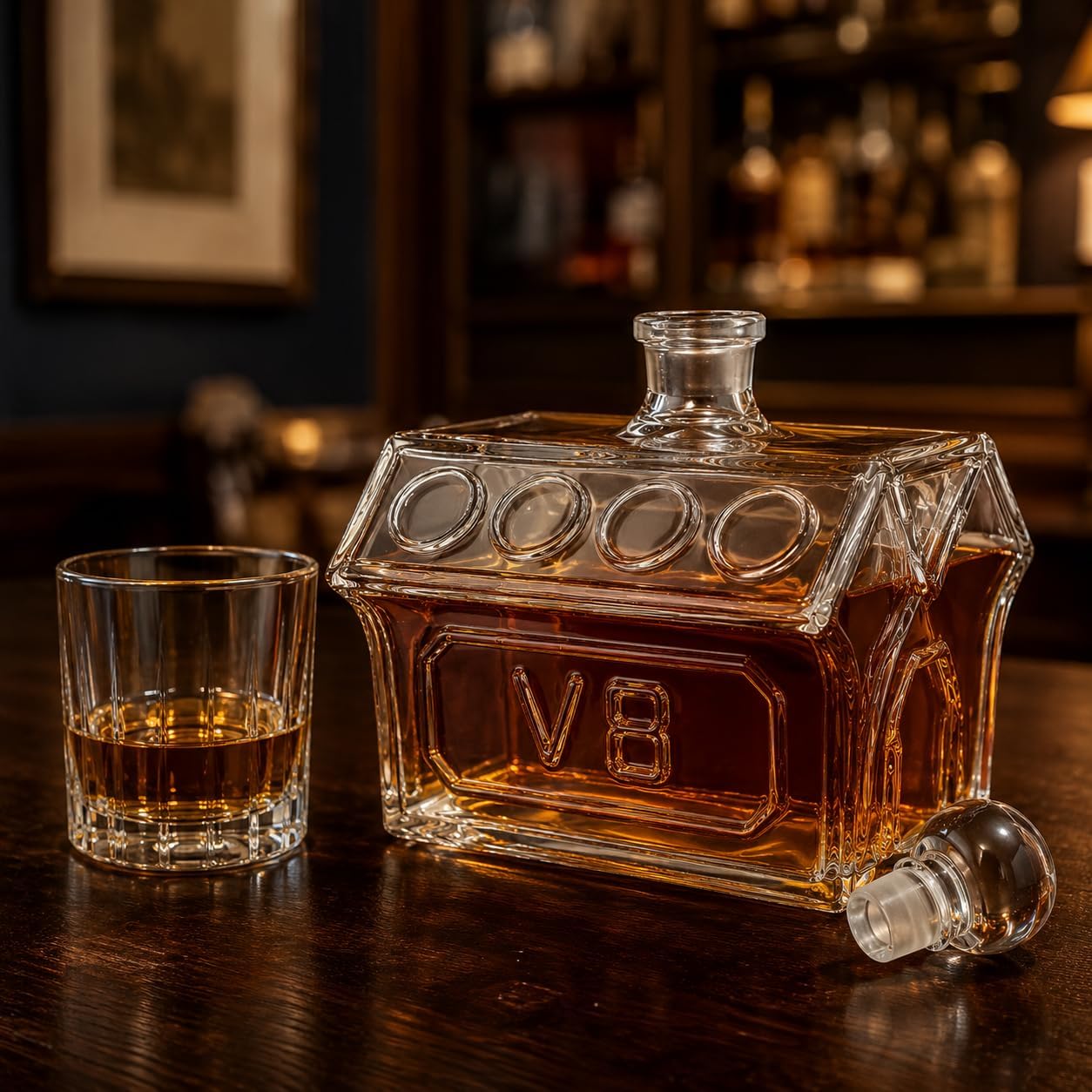 V8 Engine Whiskey Decanter, Glass Car Motor Liquor Bottle with Stopper, Automotive Bourbon Bar Decor, Unique Gifts for Men, Dads, Mechanics, Car Guys 1300ml