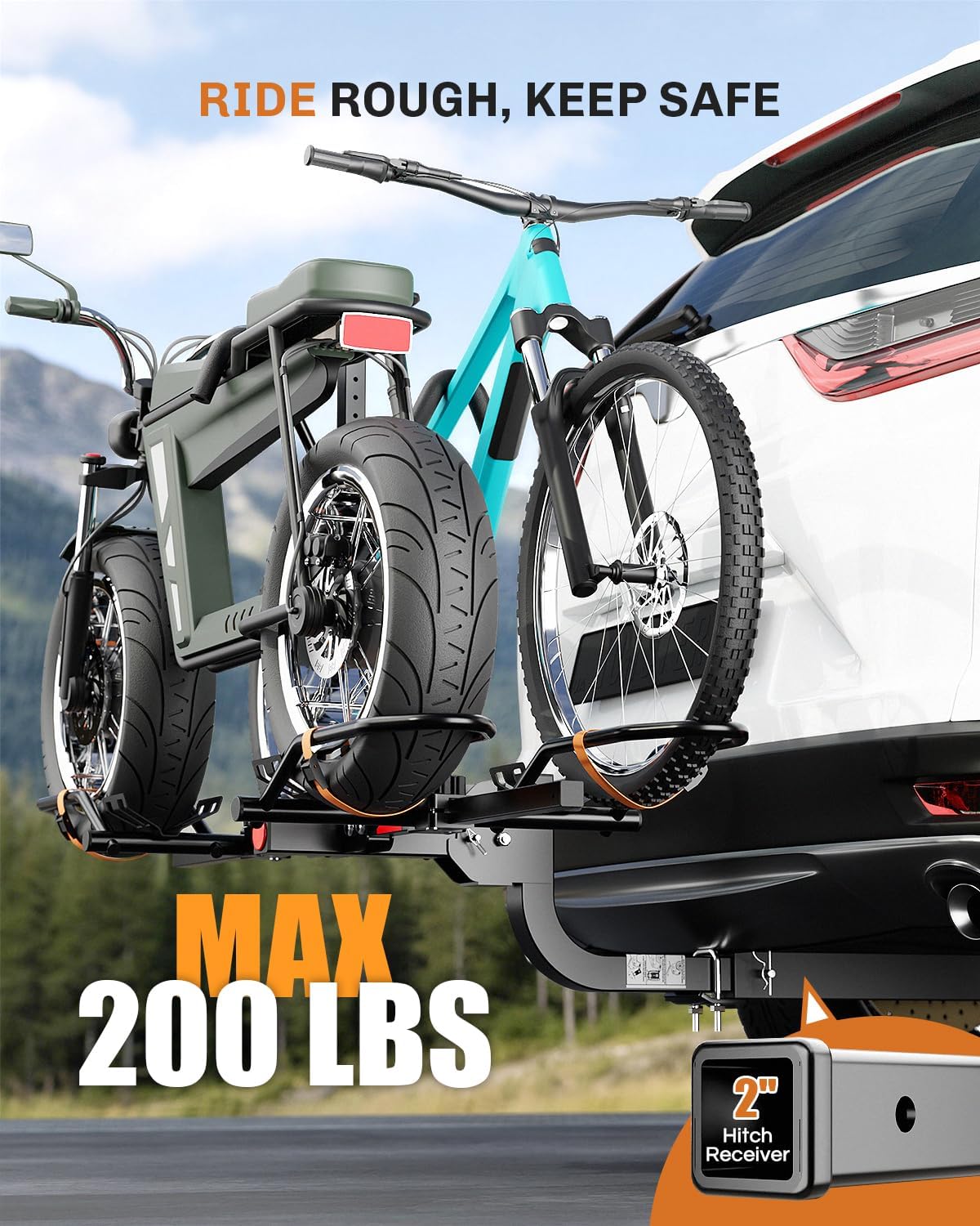 Bike Rack for Car,200LB 2 Ebike Rack Hitch with Up to 5-inch Fat Tire,Folding Hitch Mount for RV Trucks SUV -2" Hitch Receiver