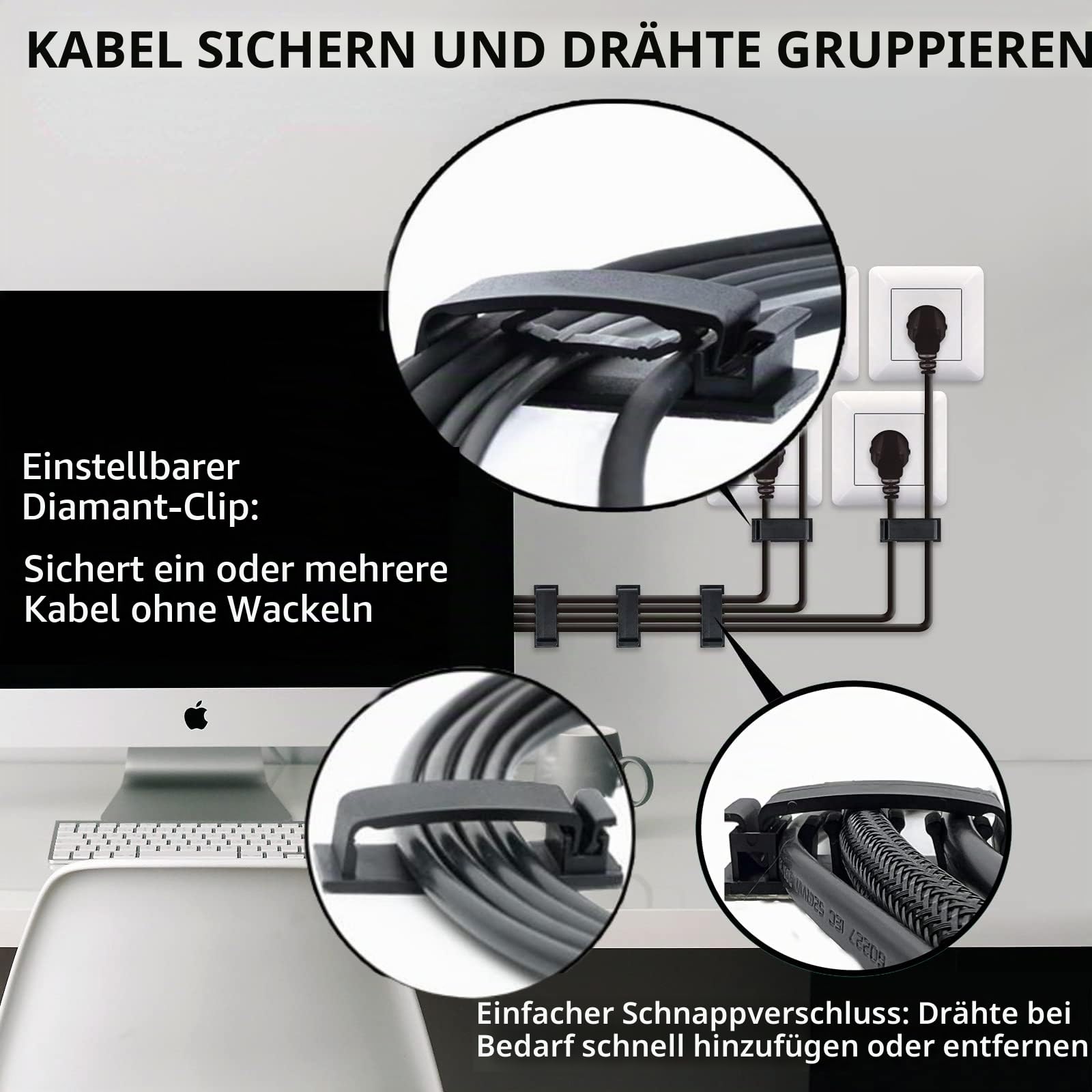 Kabelclips, 50 Stück, selbstklebende Kabelmanagement-Clips, Kabel-Organizer, Drahtclips, Kabelhalter für Geräte, PC, Wand, Ethernet, Kabel unter dem Schreibtisch, Nachttisch, Heimbüro, Auto (schwarz)