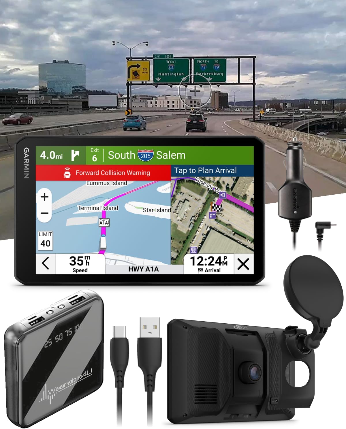 Garmin dezICam OTR725, NA MT-S, GPS Truck Navigator and Wearable4U PowerBank Bundle