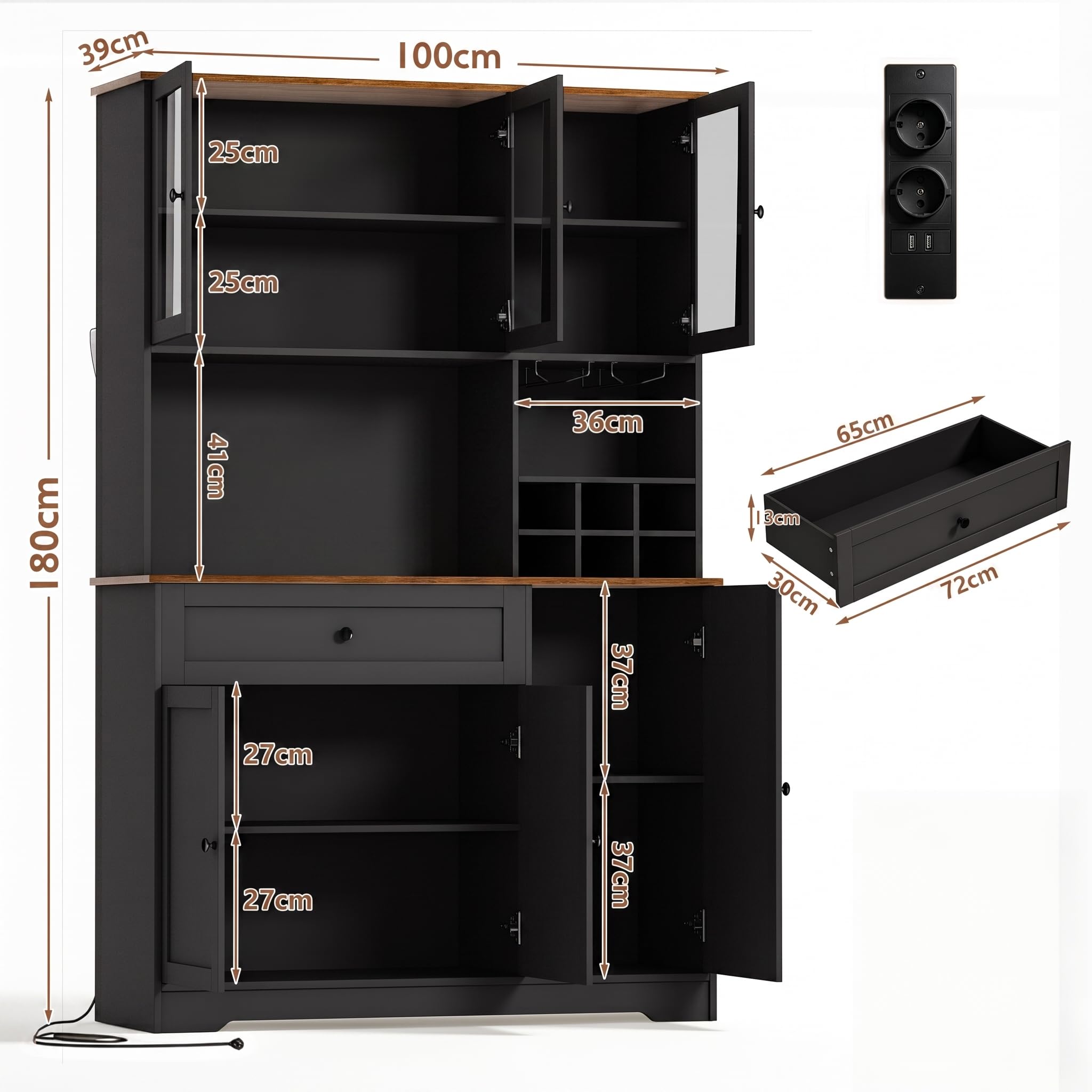 Küchenschrank Buffetschrank, Küchenschränke mit 6-Fach Weinregal, Sideboard mit LED-Licht, Steckdose, Verstellbare Böden, Anti-Kipp, Küchenbuffet für Küche, Esszimmer, Wohnzimmer (Schwarz)