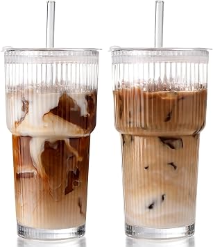 Iced Coffee Cups with Lids 2Pcs Ribbed Glass Tumbler with Straw and Lid 20oz - Vintage Glass Cups with Lids and Straws - Tumbler Leak Proof Aesthetic Drinking for Coffee Bar Accessories