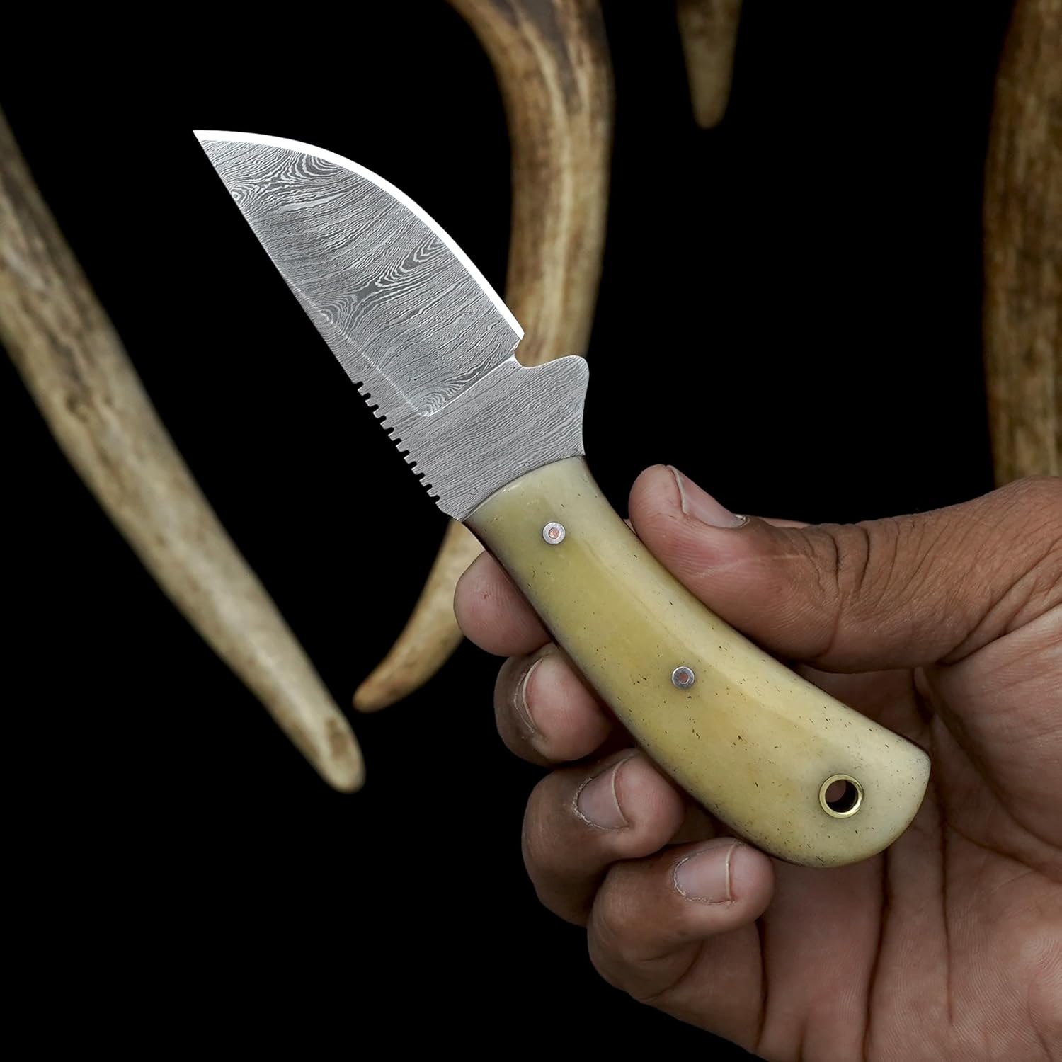Knives Ranch 5.5 inches Damascus Steel Ranch Knife - Full Tang Fixed Blade - Horizontal Scout Carry Leather Sheath - Handmade Outdoor Hunting Camping Utility Knife