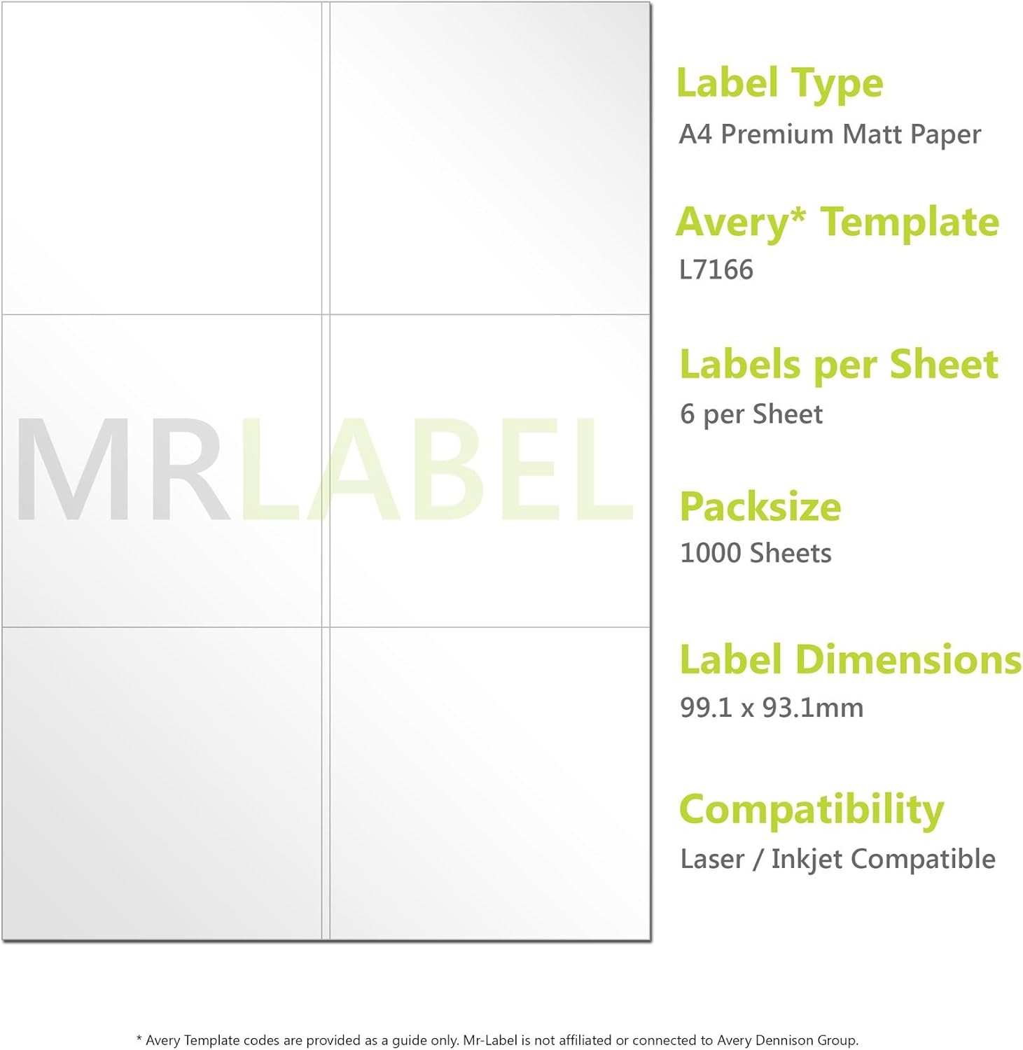 Avery Compatible Labels L7166 / J8166 6 Labels per Page 1000 Sheets