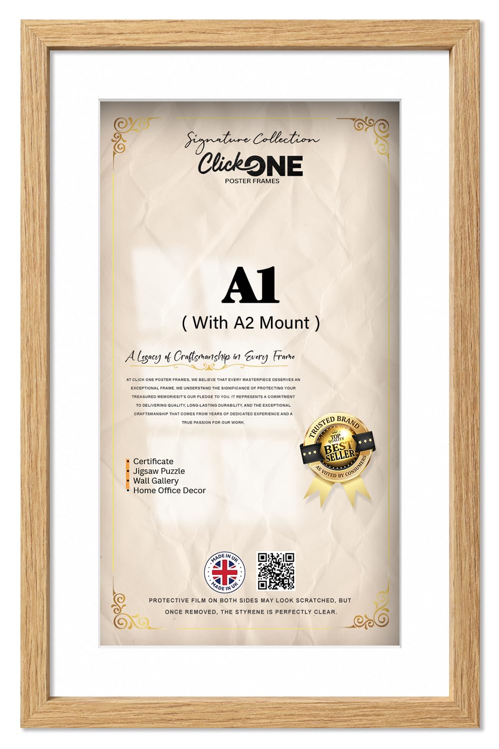 Click One A1 59.40 X 84.10 Cm Picture Frame With A2 41.90 X 59.40 Cm White Mount Flat Style MDF Photo Frame With Clear Perspex For Poster Photo Print Living Room Home Decor 33 X 23 Inch Oak