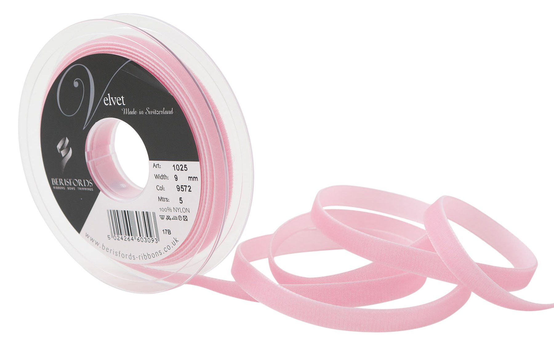 Berisfords Velvet Ribbon Blush Rose 15mm - Nylon Craft Ribbon for Sewing, Gift Wrapping and Hair Accessories
