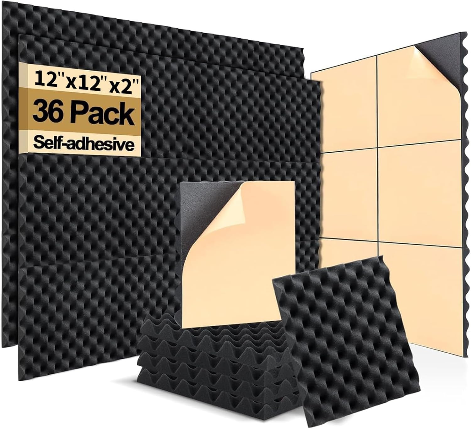 36 Pack Acoustic Foam Panels with Self Adhesive 12" X 12" X 2" Sound Proof Foam Panels for walls High Density Egg-Crate Soundproof Wall Panels for Studio Office Gaming Room