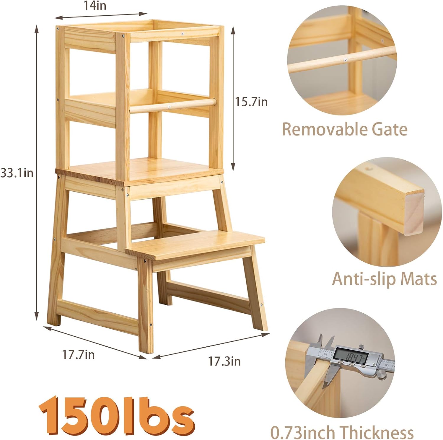 Kitchen Step Stool for Toddlers with Non-Slip Mat, WOOD CITY Wooden Kids Montessori Learning Stool Tower, Toddler Standing Tower Helper for Kitchen Counter and Bathroom Sink(Burlywood)