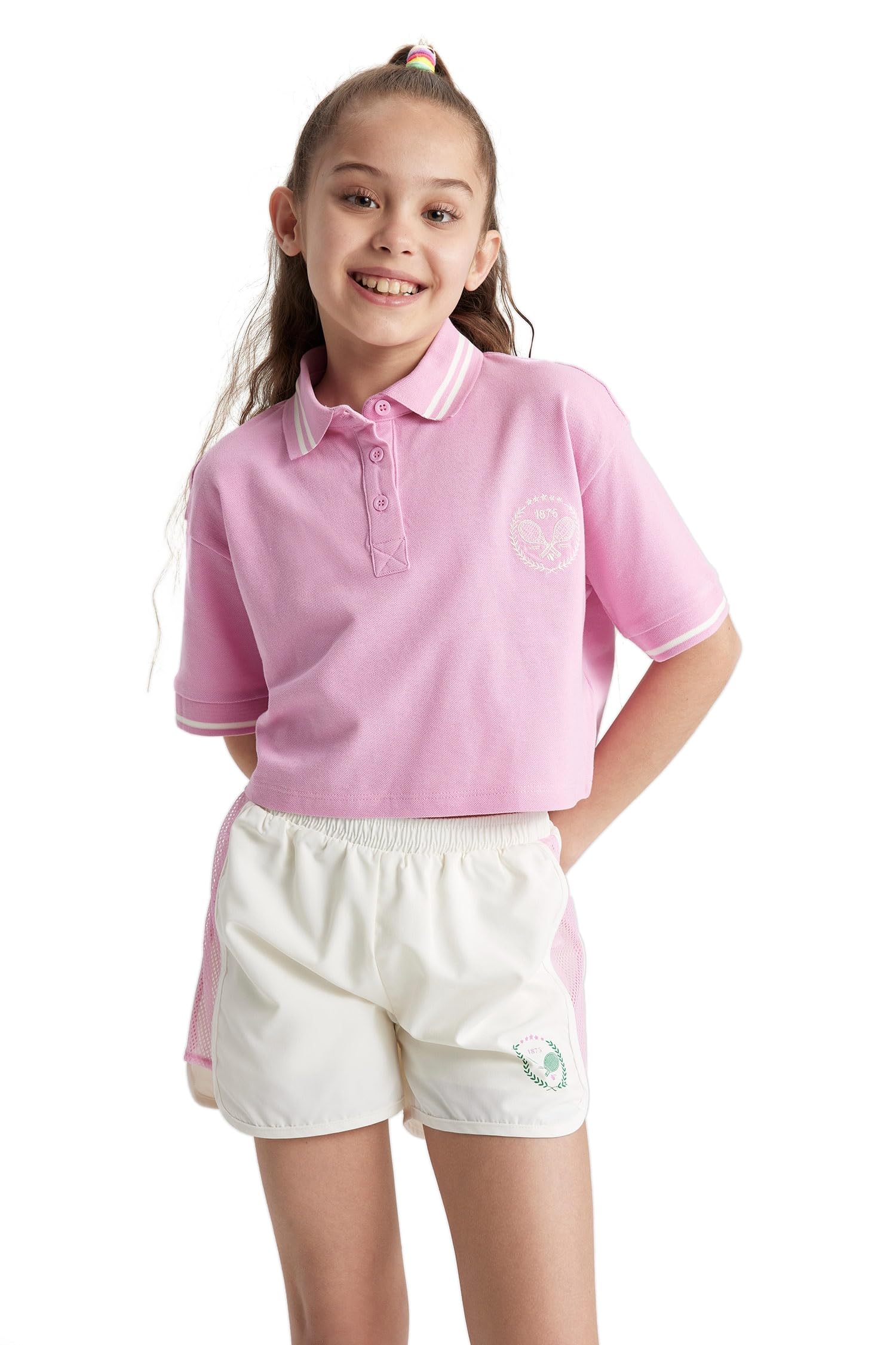 Kız Çocuk Kız Çocuk Relax Fit Cep Baskılı Pike Kısa Kollu Polo Tişört