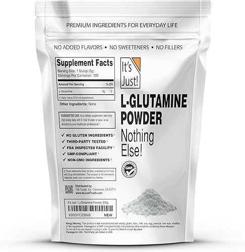 Miniatura 2 de It's Just! - Polvo de L-glutamina, sin sabor, aminoácidos, recuperación muscular más rápida, intestino permeable, soporte digestivo (17.64 oz100
