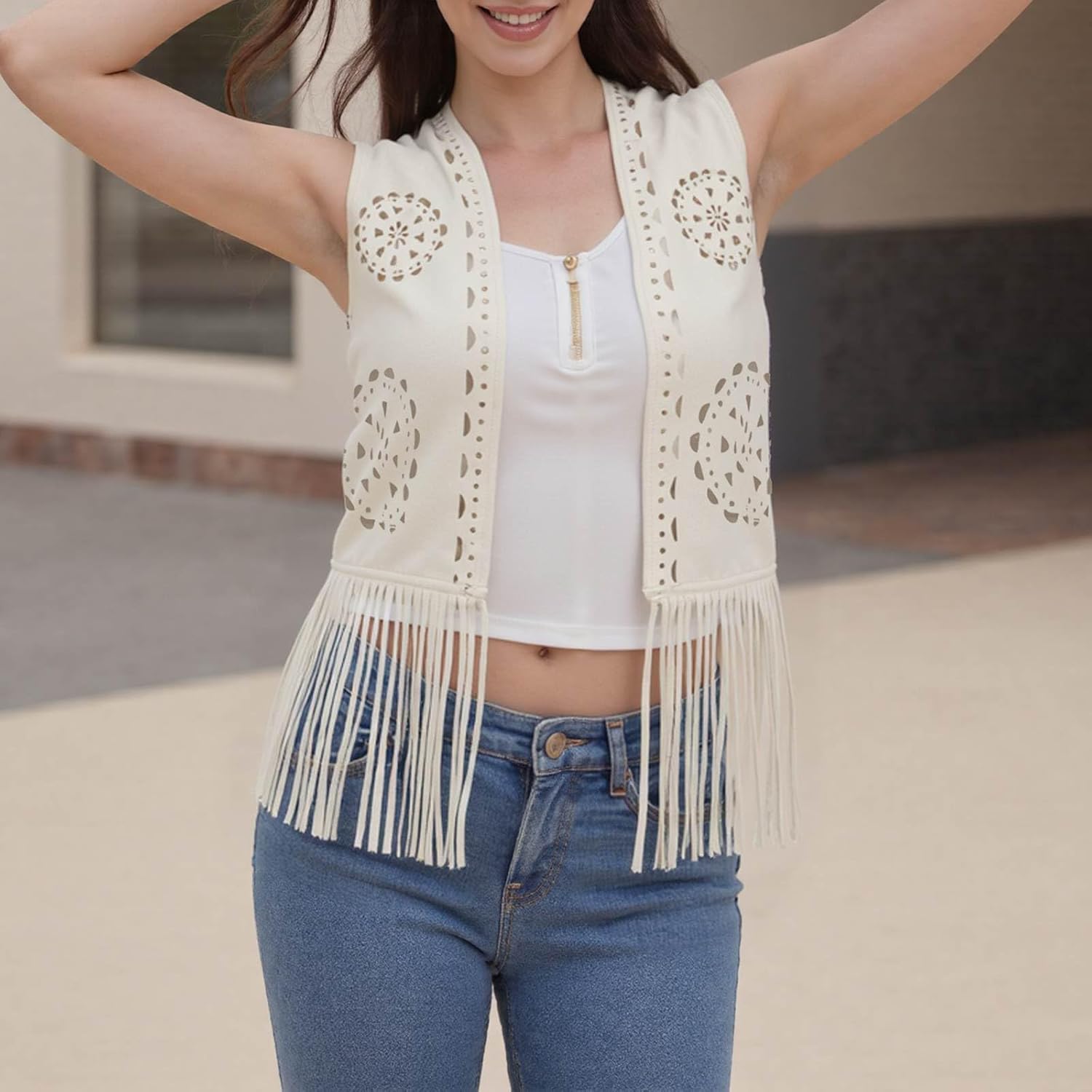 Women's Western Cowgirl Vest Sleeveless Boho Fringe Tops 70s Faux Suede Tassel Hippie Jacket Costume Outfits Clothes - Image 5