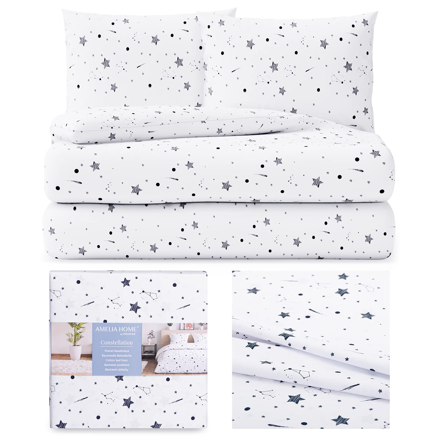 Parure de lit 200x200 AmeliaHome en coton avec 2 taies d'oreiller motif étoiles