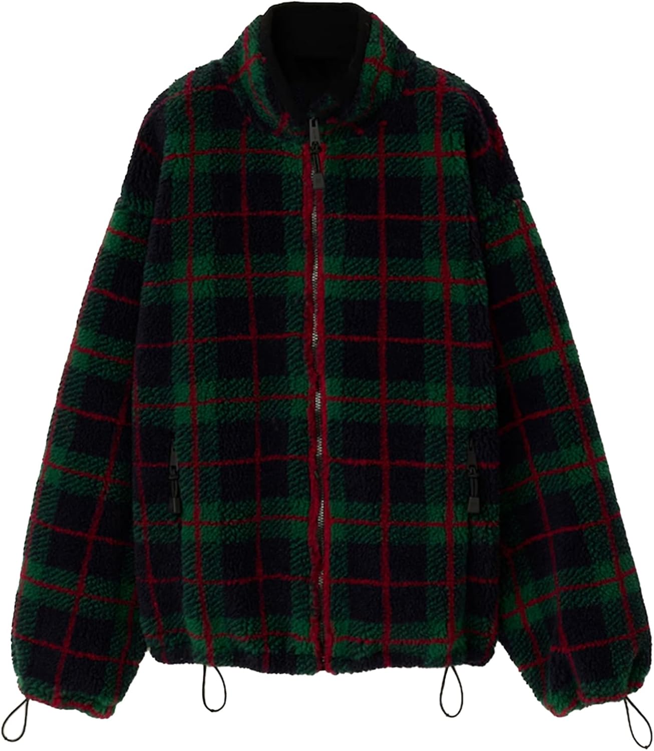Winter Checkered Fleece Jacket Women High Neck Drawstring Hem Full Zipper Warm Plaid Sherpa Coat with Side Pockets