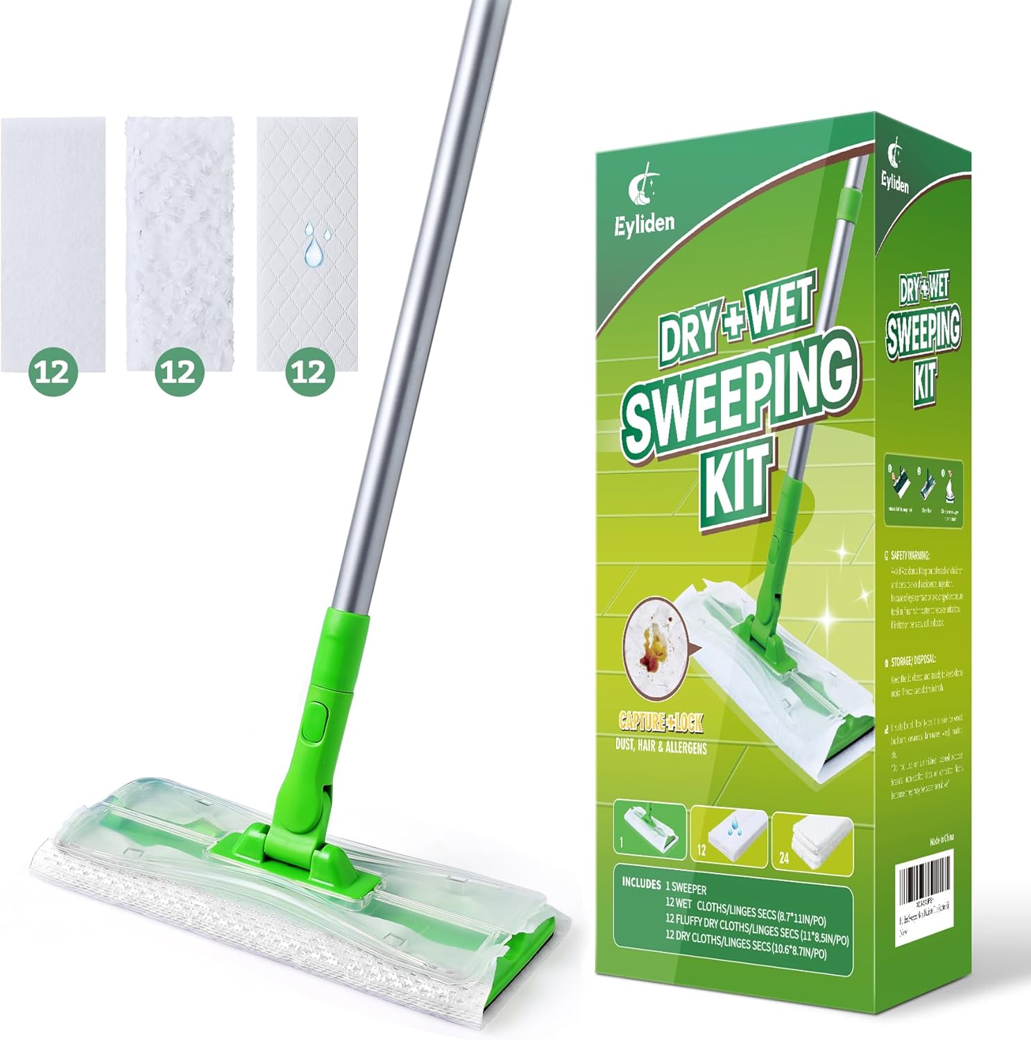 Sweeper Mop - Lock Tight Design No Lost Pads - 36 Disposable Dry & Wet Cloths, Dust Mop Starter Kit for Pet Hair, Hardwood Floors, 360 Swivel, Universal Refills, Efficient Floor Cleaning