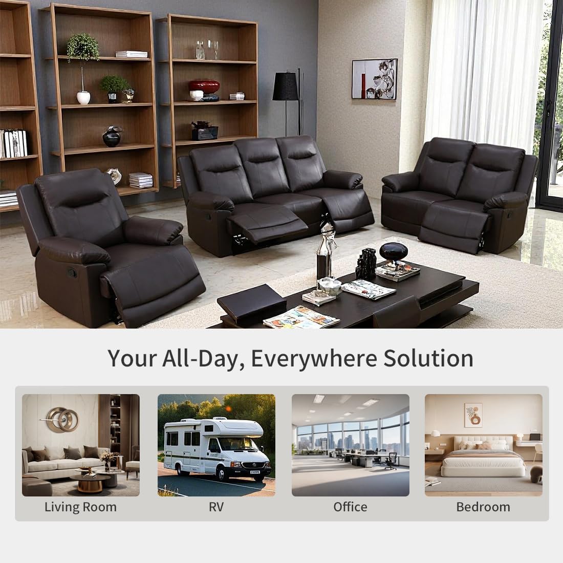 Living Room Furniture Set, Manual Leather Recliner Loveseat Sets, Luxury Reclining Couch Set, Brown Leather Recliner 2 Seater Loveseat with Adjustable Footrests and Padded Armrests for House