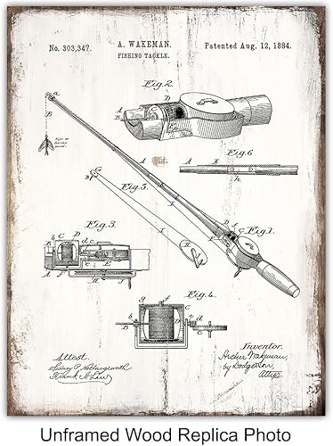 Miniatura 3 de GRANDE 11x14 - Regalos de Accesorios de Pesca - Juego de Impresión de Patente de Caña, Carrete, Señuelos - Decoración de Casa de Montaña y Lago