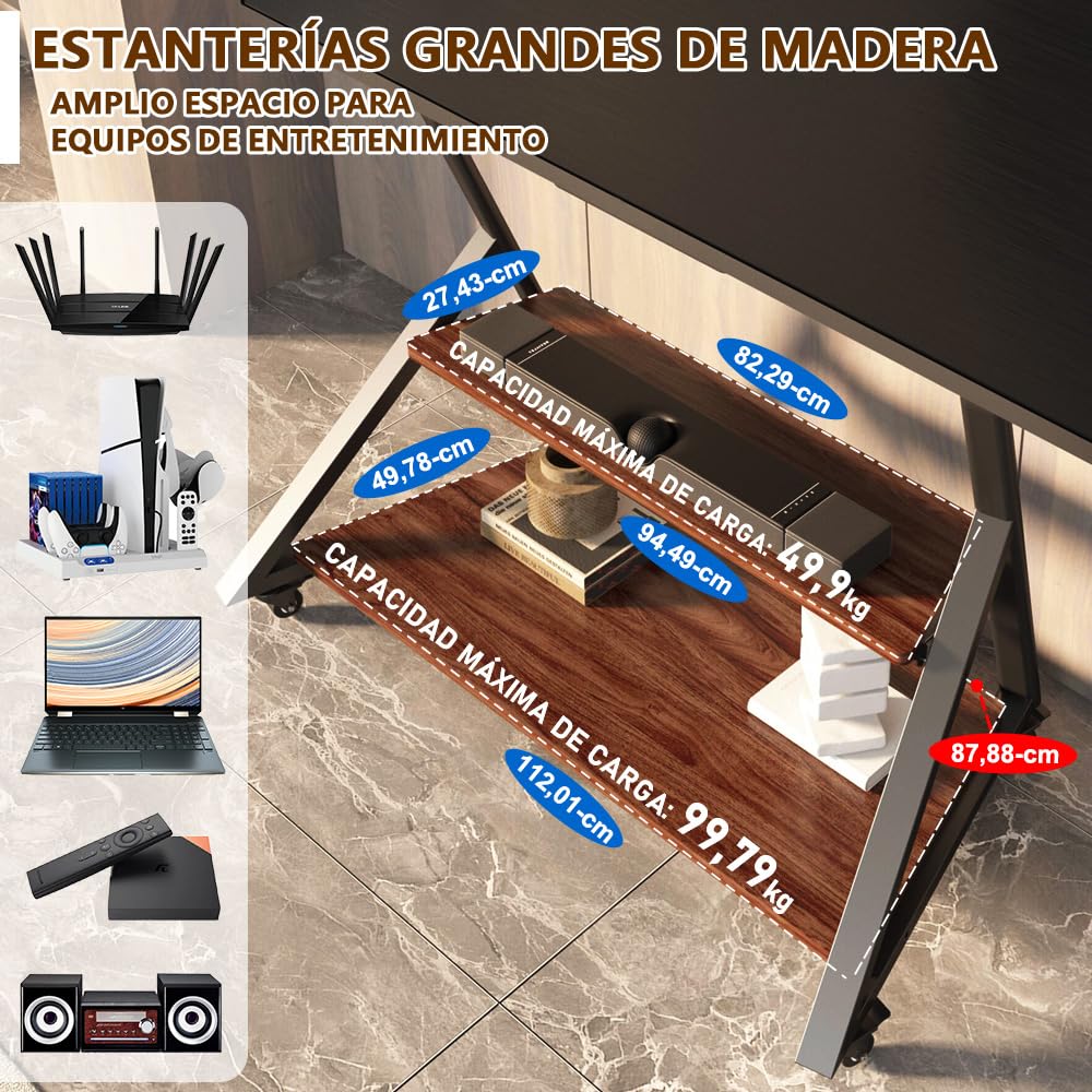 Soporte para TV con Ruedas y Estante de Madera para Pantallas Planas Curvas de 50 a 100 Pulgadas, Carrito para TV de Exterior de Alta Resistencia con Ruedas, con Capacidad para hasta 100 kg