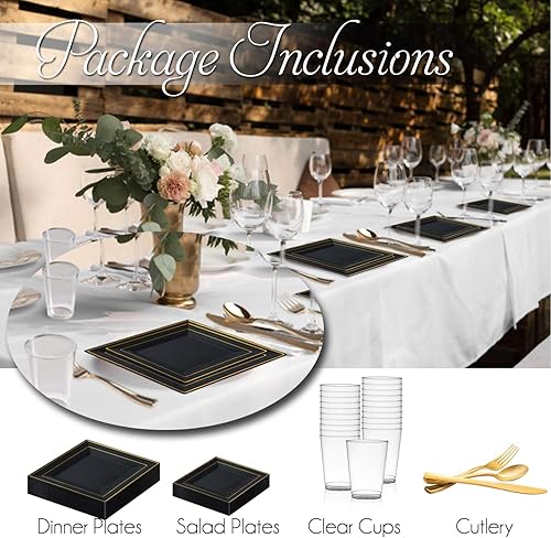 Miniatura 7 de Juego de vajilla de plástico desechable para 60 invitados  Platos llanos cuadrados negros con borde dorado, platos de postre, juego de cubiertos y