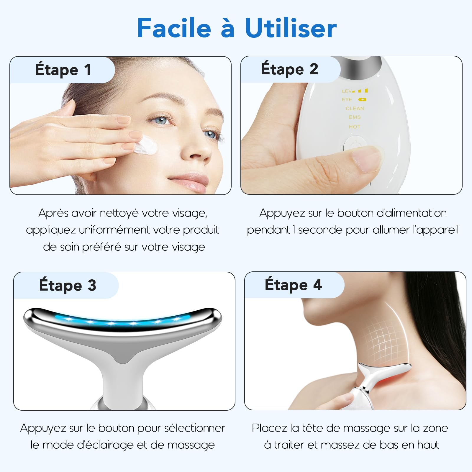 Appareil Massage Visage, DOCOCO Appareil Anti Rides Visage, 45 °C Chauffable pour Massage Visage, 3 Modes LED avec Lifting EMS pour Raffermissement du Visage et du Cou