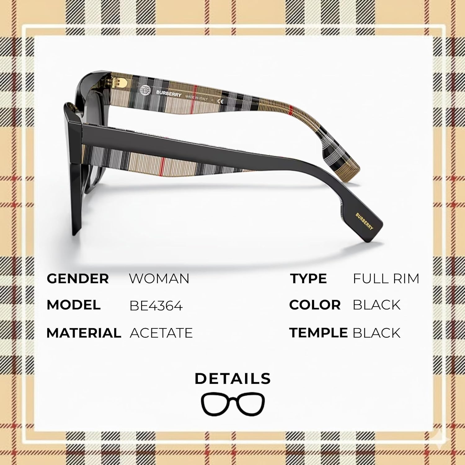 BURBERRY Kitty BE4364 Square Shape Acetate Sunglasses with Luxury Eyewear Kit - Image 2