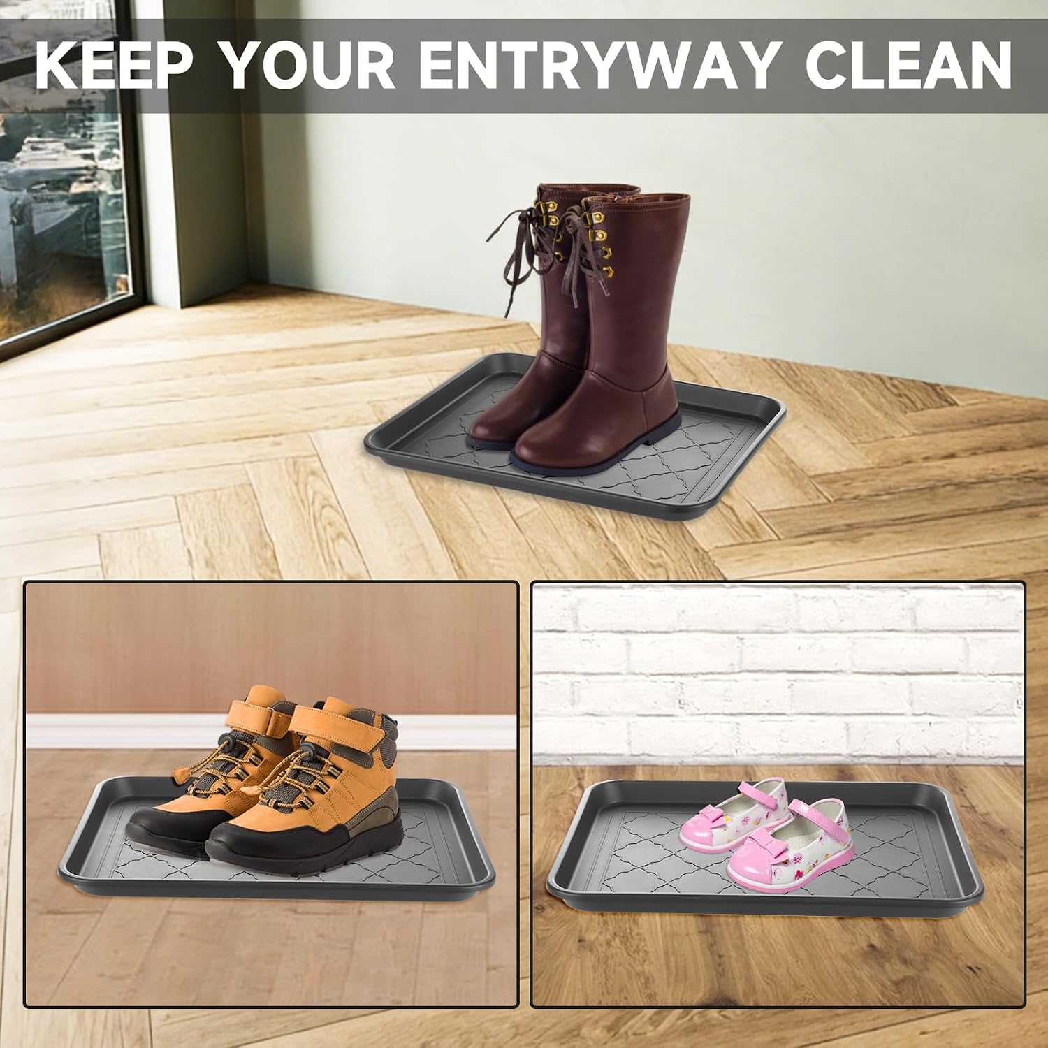 4 PCS Boot Trays for Entryway, 16x12 Inch Waterproof Shoe Tray with Raised Edge, Wet Shoe Matt Tray for Entryway,Plastic Boot Mat Indoor Shoe Mat, Pet Food Tray for Boots, Garden, Pets - Black