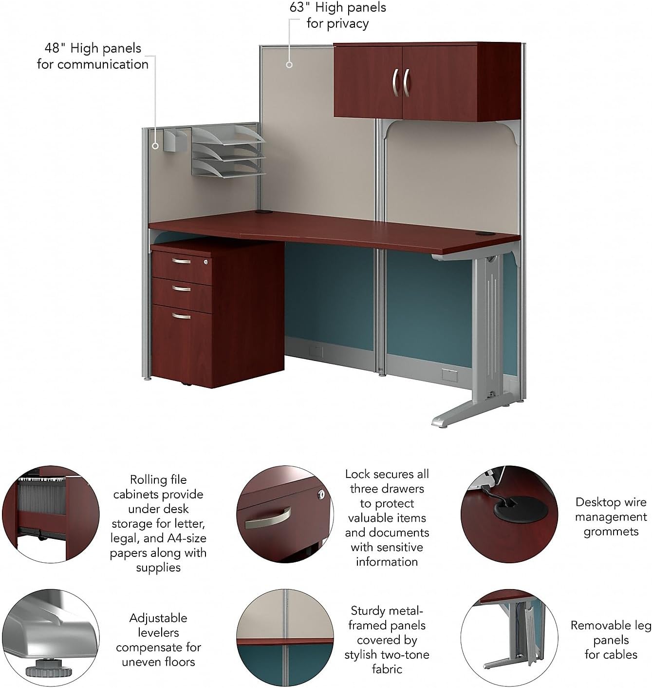 Bush Business Furniture Office in an Hour 65W Straight Cubicle Desk with Storage, Drawers, and Organizers in Hansen Cherry | Modern Computer Table Set with Privacy Panels for Commercial Workspace