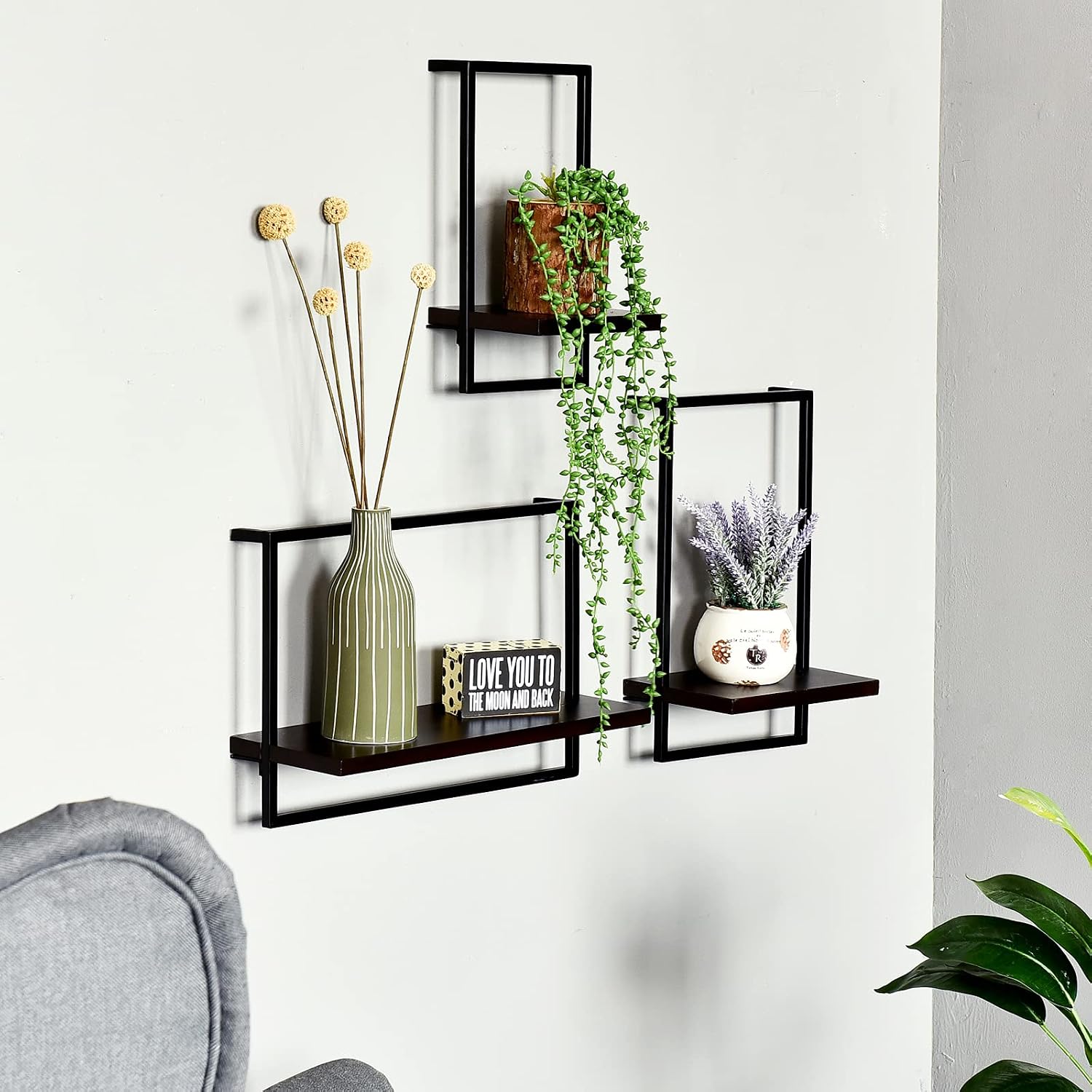 WELLAND 5.51" Deep Modern Floating Shelves, Natural Solid Wood, 16", 14", 12" Dark Espresso Floating Shelves Bathroom Set of 3
